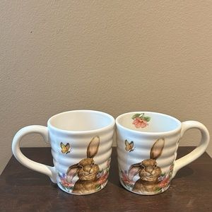 Coffee Mugs Set Of 2 Cups New Easter Bunny Floral Spring Pattern Butterflies
